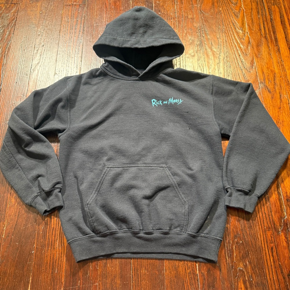 Vintage Rick and Morty Hoodie‎ Mens S Black Graphic Pullover Sci-Fi Adult Swim